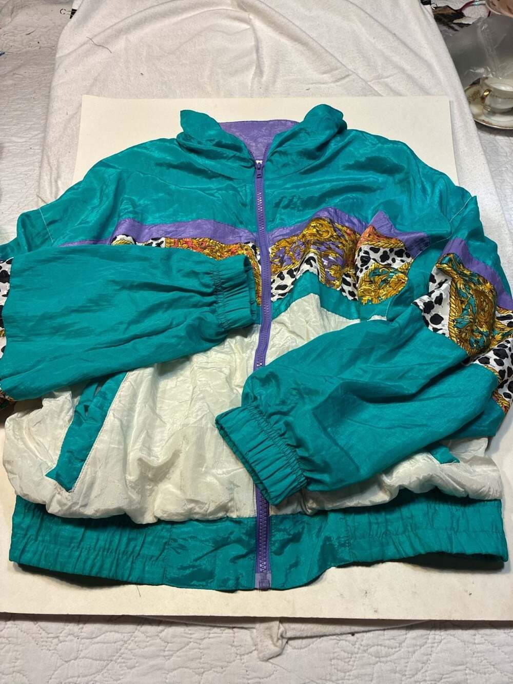 R.E. Sport by River Edge Vintage 90s Teal and White Patterned Windbreaker Jacket